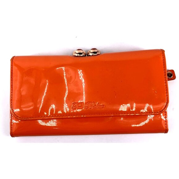 Ted Baker Wallet London Orange Patent Leather Crystal Kiss Lock Frenchie Lining - Picture 1 of 14